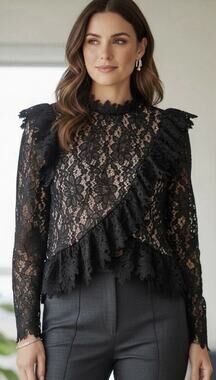 Saylor Floral Lace Blouse Long Sleeve Small Black Faux Wrap Lined Boho Goth